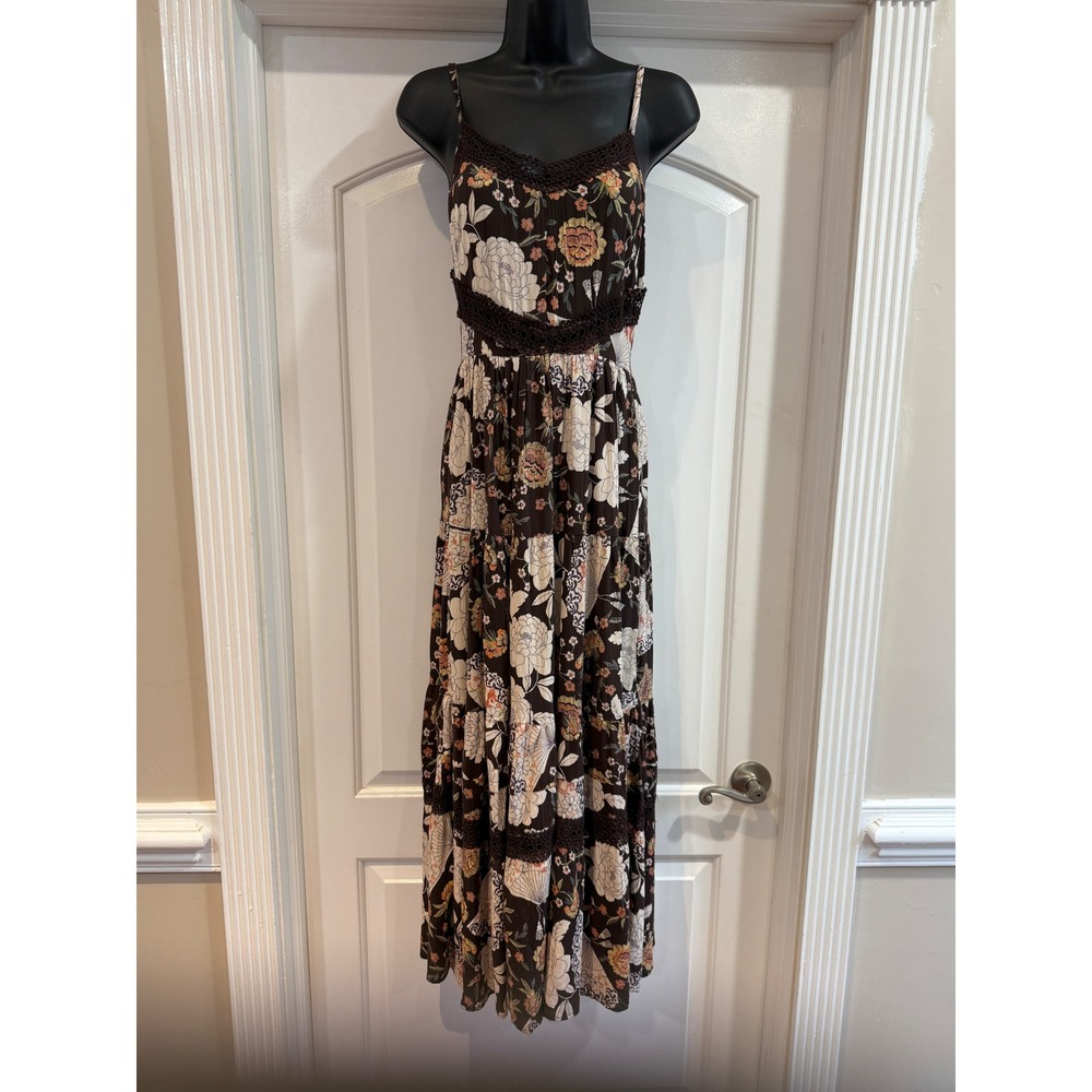 Angie Espresso Brown Floral Maxi Dress Smocked Back Crochet Trim Boho small
Boho